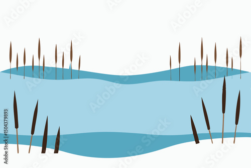 frosty marshland with frozen reeds and distant 