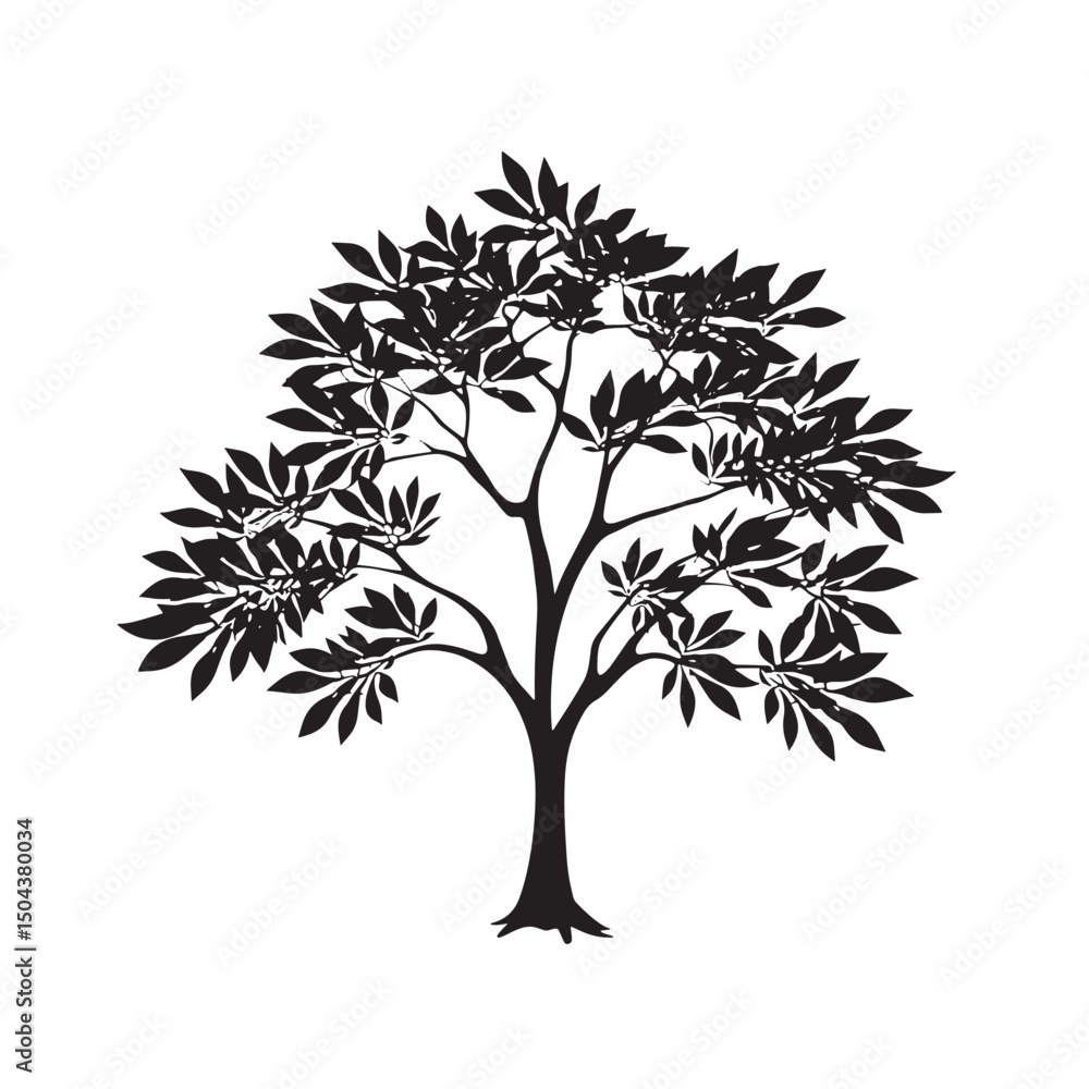 Obraz premium Black and white vector tree silhouette with flowers and seasonal leaves design
