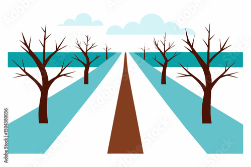 frozen farmland road flanked by rows of bare trees.svg