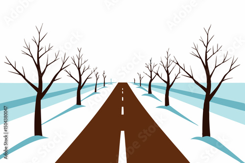 frozen farmland road flanked by rows of bare trees 