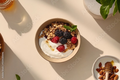 Healthy Breakfast Bowl With Granola, Yogurt, Fresh Raspberries, and Honey