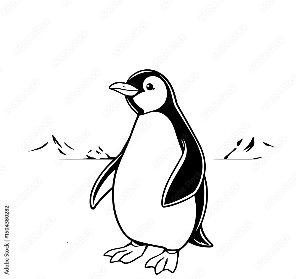 Fototapeta premium Penguin in Snowy Landscape: A solitary penguin stands gracefully against a stark, snowy landscape, evoking a sense of resilience and adaptability in the face of a frigid environment.