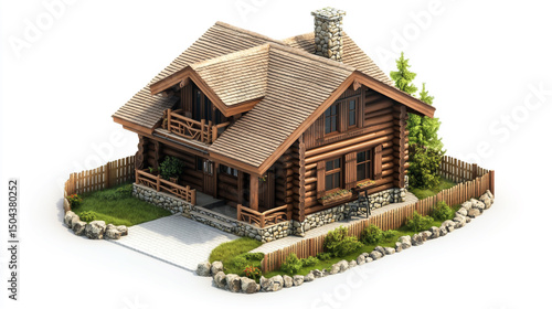 Isometric view of a log cabin with stone accents, on a white background, hyper-realistic.