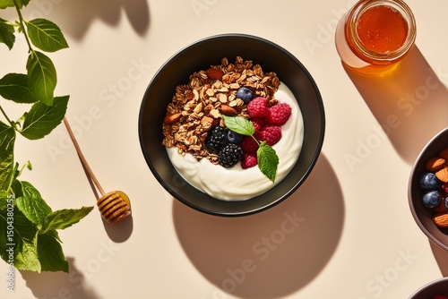 Healthy Breakfast Bowl With Yogurt, Berries, and Granola Arranged Beautifully...