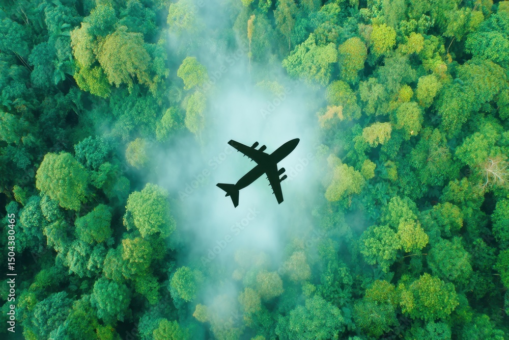 Fototapeta premium An Airplane Flying Over Green Forest and White Mist on Cloudy Day