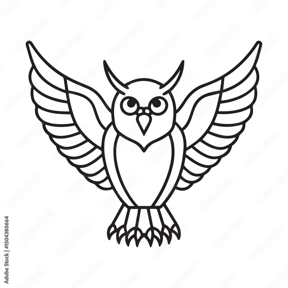 Minimalist Owl with Wings – Black and White Line Vector Illustration Minimalist Owl with Wings – Black and White Line Vector Illustration