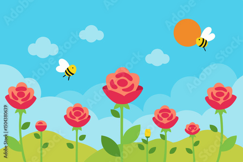 garden filled with blooming roses  bees buzzing  