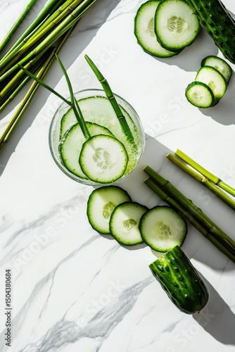 Refreshing Cucumber Drink With Fresh Slices and Green Garnish on Marble Surface
