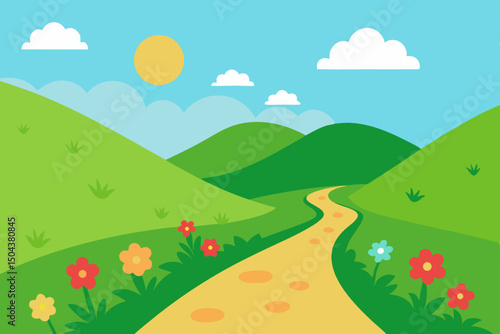 hiking trail through green hills under the summer .svg
