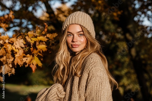Woman Smiling in a Cozy Sweater Surrounded by Colorful Autumn Trees in a Park...