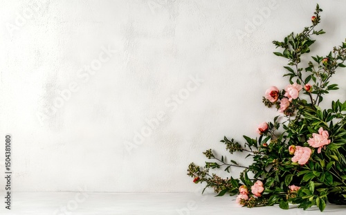 Floral Arrangement With Soft Pink Flowers Against a Textured White Wall in a ...