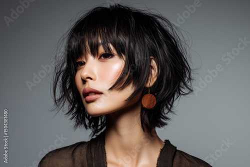 A fashionable Asian woman with a short shag hairstyle textured layers, volume at the crown, and piece-y fringe. Casual yet chic, in a modern outfit with minimal accessories.