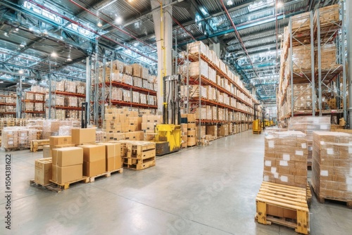 The Vast Warehouse with Shelves Full of Boxes and Forklift Trucks Present