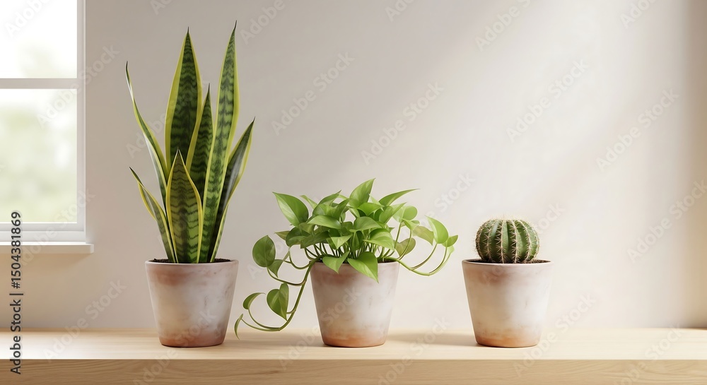 Fototapeta premium Minimalist Indoor Plants on Windowsill – Snake Plant, Pothos, and Cactus in Terracotta Pots for Natural Home Decor