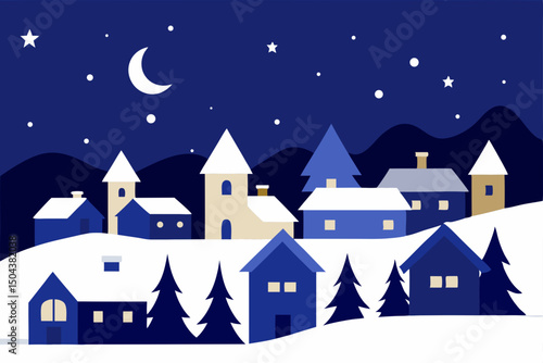 northern village at night with snow laden rooftops 