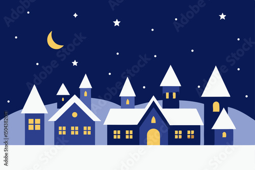 northern village at night with snow laden rooftops.svg
