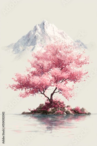 Cherry Blossom Tree Reflects in Water With Mountain Backdrop During Calm Morn...