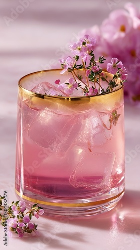 Refreshing Pink Cocktail With Flowers in Elegant Glass on a Bright Table
