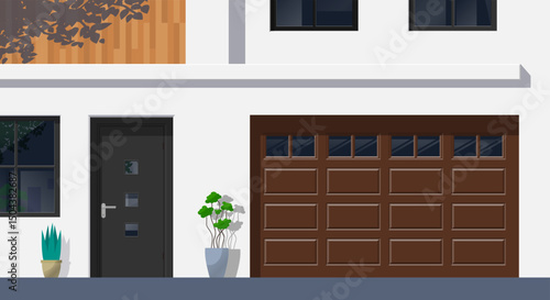 modern house facade with entrance door garage gates windows vector illustration