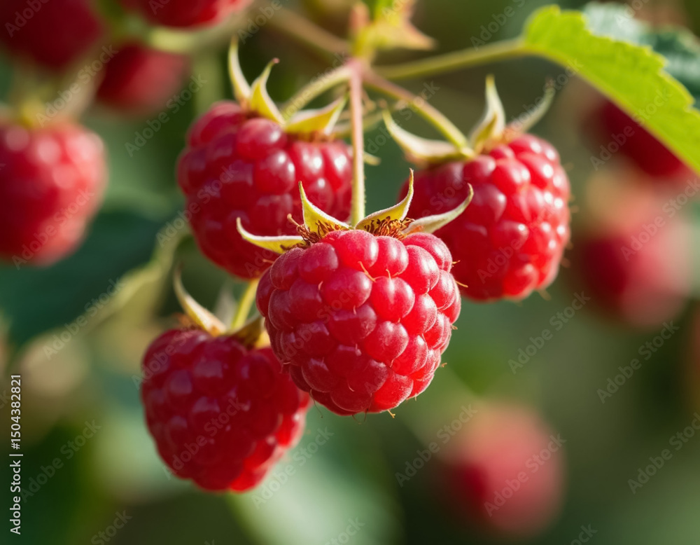 Raspberry ripe close-up in the garden. Generated by AI. Raspberry ripe close-up in the garden. Generated by AI.