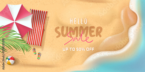 hello summer sale banner with beach top view and summer elements