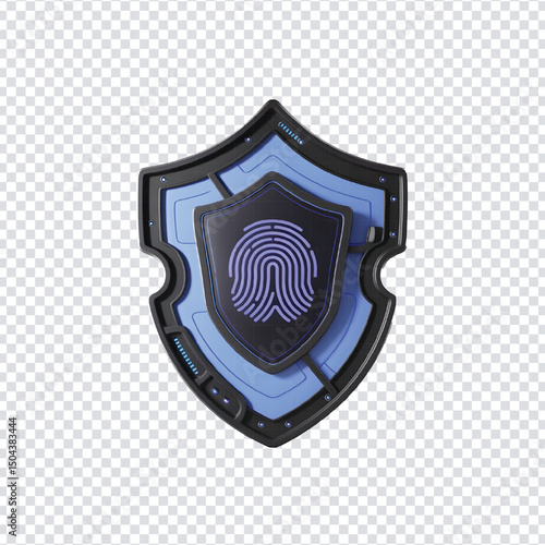 3D Cybersecurity Shield with Fingerprint – Digital Protection and Biometric Security Icon on Transparent Background
