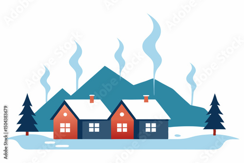 row of cabins along a snowy lakeside with smoke 