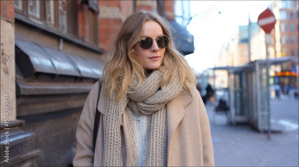Woman wearing a camel-colored coat and a light beige knitted scarf. Woman wearing a camel-colored coat and a light beige knitted scarf.