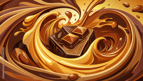 An artistic close-up captures dark chocolate and creamy caramel swirling and splashing together dynamically, showcasing a visually stunning, mouthwatering moment of rich indulgence and smooth texture.