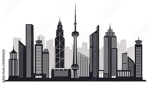 "Dramatic Architectural Cityscape with Skyscrapers and Iconic Urban Landmarks"