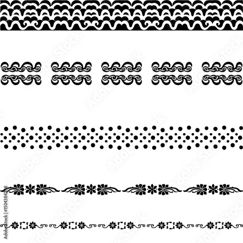 Set of Seamless Black and White Vector Ornament Borders with Tribal, Floral, and Wave Patterns for Design and Decoration Projects