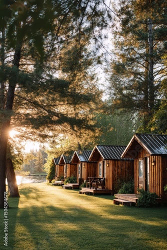 Beautiful Lakeside Cabins During Sunset in a Serene Forest Setting