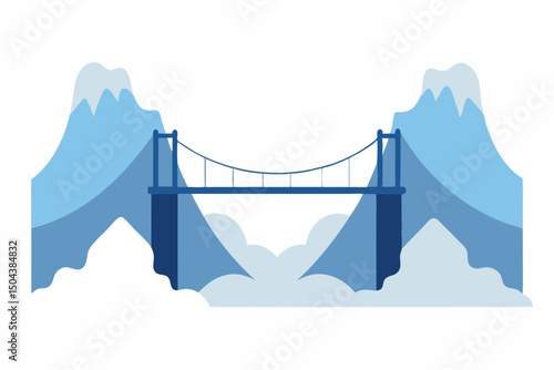 snow draped suspension bridge crossing a misty 