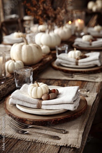 Elegant Autumn Table Setting With White Pumpkins and Rustic Dcor for a Festiv...