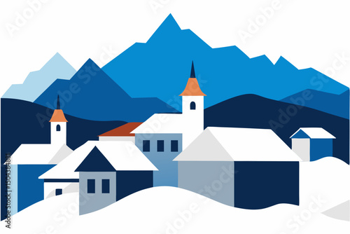 snow dusted rooftops of a hillside village with 