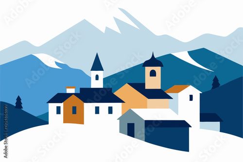 snow dusted rooftops of a hillside village with 