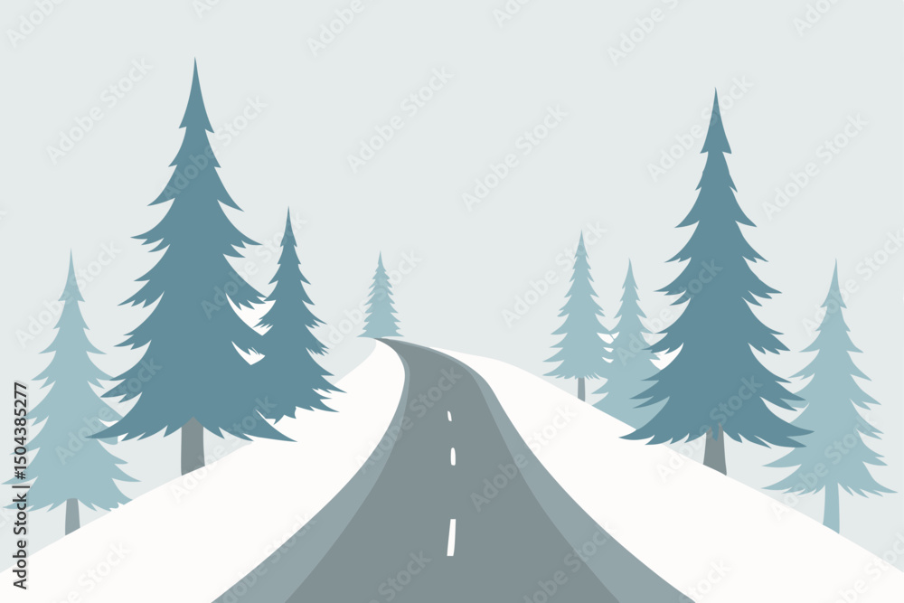 snowy forest road lined with towering pines snowy forest road lined with towering pines