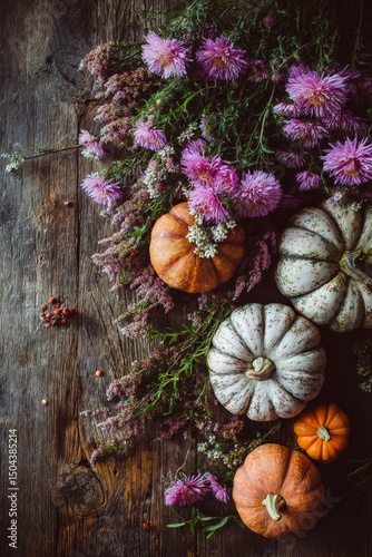Fall Decorative Arrangement With Pumpkins and Flowers on Rustic Wood