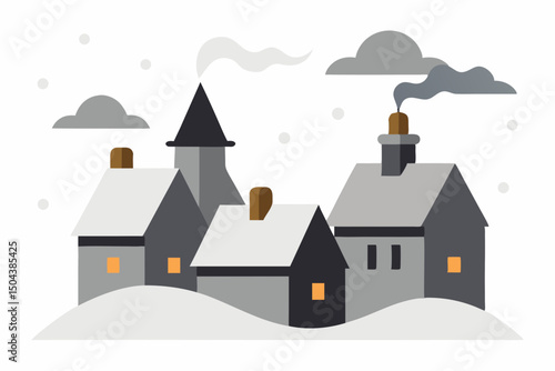 snowy rooftops of a medieval village with smoke 