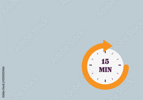 15 minutes on stopwatch . Countdown sign.Clock face timer. 