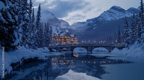 Winter Evening at a Charming Lodge by the River Surrounded by Snow-Capped Mou...