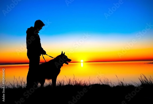 Silhouette of a person and canine companion at sunset,   serene,  bond