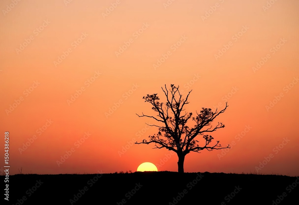 Fototapeta premium Single minimalist tree silhouette against sunset, pale color palette, simple, color