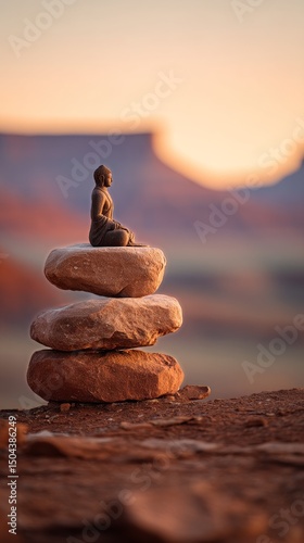 Balanced Stones With a Serene Figure During Sunrise in a Desert Landscape