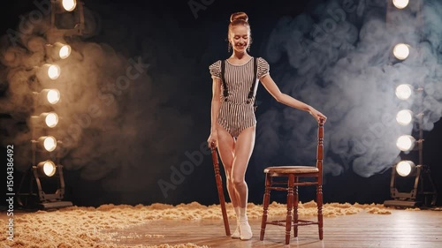 Young acrobat posing on stage with chair under stage lights, circus performance