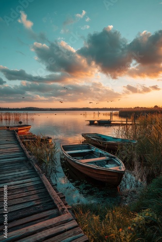 Sunset Over Tranquil Lake With Boats and Wooden Pier in Serene Landscape Setting