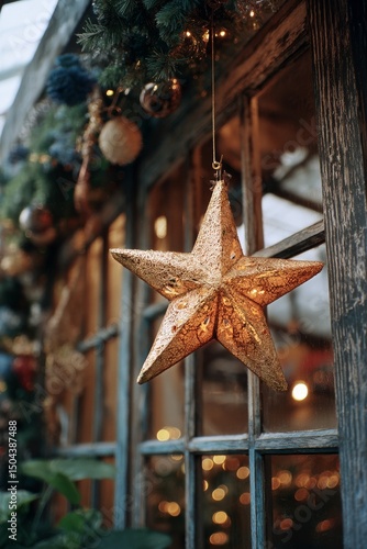 Golden Star Ornament Hangs From Greenery Near Festive Decorations During Holi...
