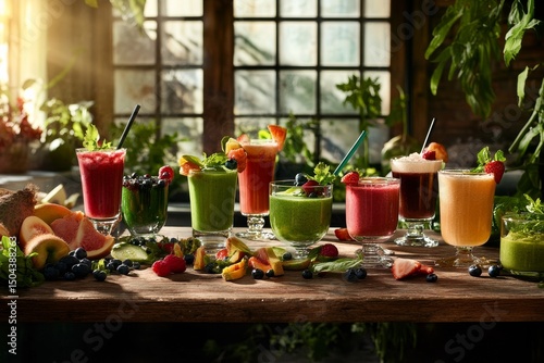 Freshly Made Smoothies and Juices on a Rustic Wooden Table in a Sunlit Garden