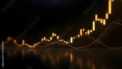 A minimalist and luxurious gold themed stock market scene with glowing golden candlestick charts on a dark background, reflecting on a glossy surface. 