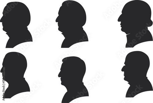 Silhouettes of Men s Heads in Profile Set of Six Black and White